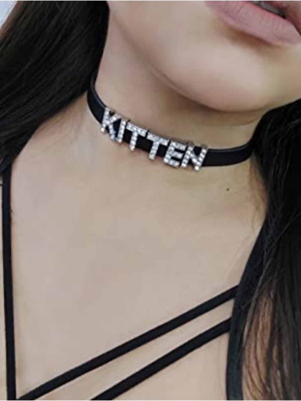 🖤 Black “KITTEN” Rhinestone Choker Necklace Y2K Statement - Picture 5 of 6